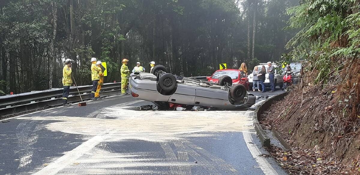 Car rollover on Moss Vale Road this morning. Picture: Kangaroo Valley Rural Fire Service