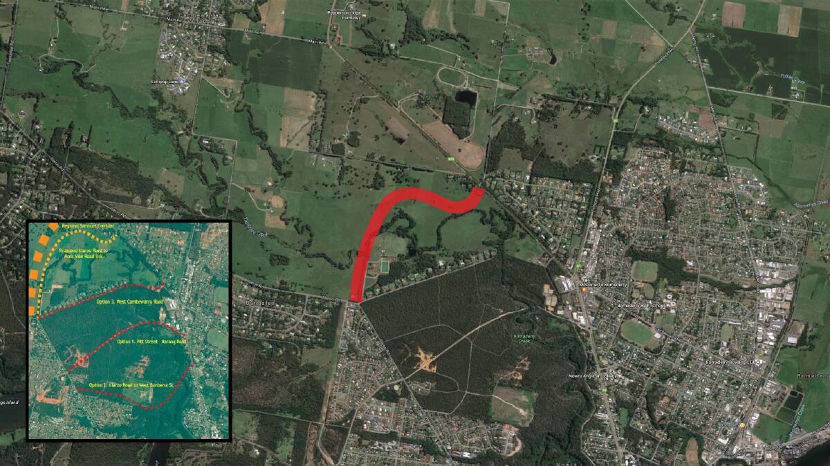 NEW ROAD: The North Collector Road route, marked in red, will connect Illaroo Road to Moss Vale Road. Inset - A closer view of the proposed road.