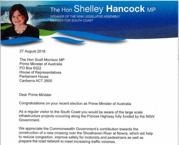 A screenshot of the start of the letter sent by South Coast MP Shelley Hancock to the new Prime Minister Scott Morrison. 