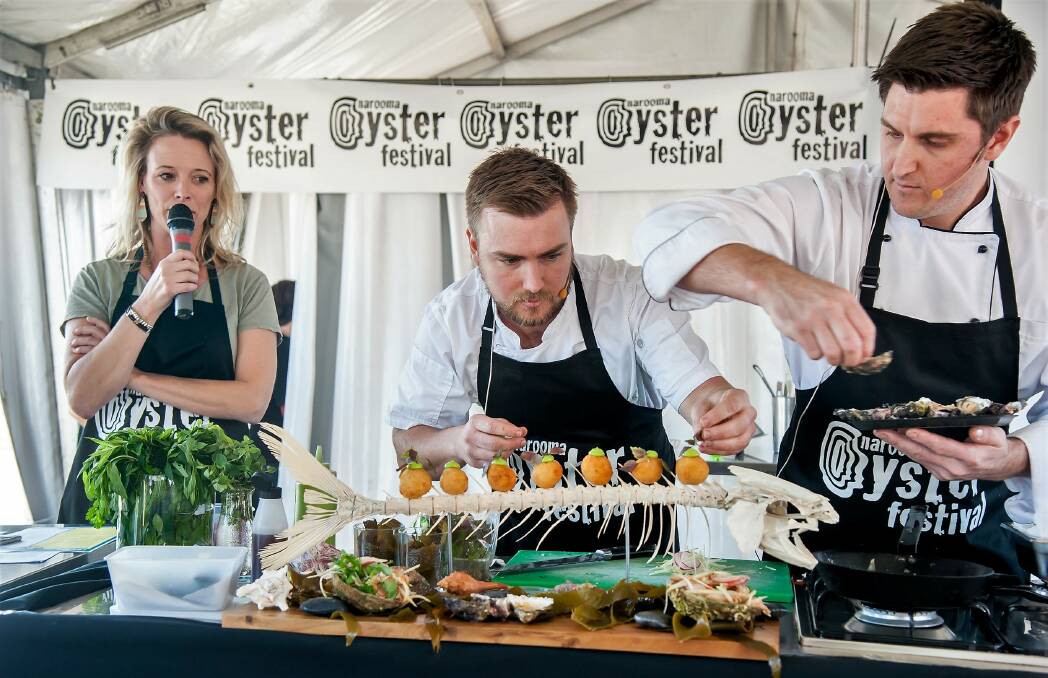 HUGE EVENT: Chef and TV food stylist Kelly Eastwood will again host this year's Narooma Oyster Festival featuring cooking demonstrations with some of the country's finest chefs. Kelly is pictured at the 2018 festival with Evan and Wade Woolhouse, of Wheeler's Restaurant at Merimbula.
