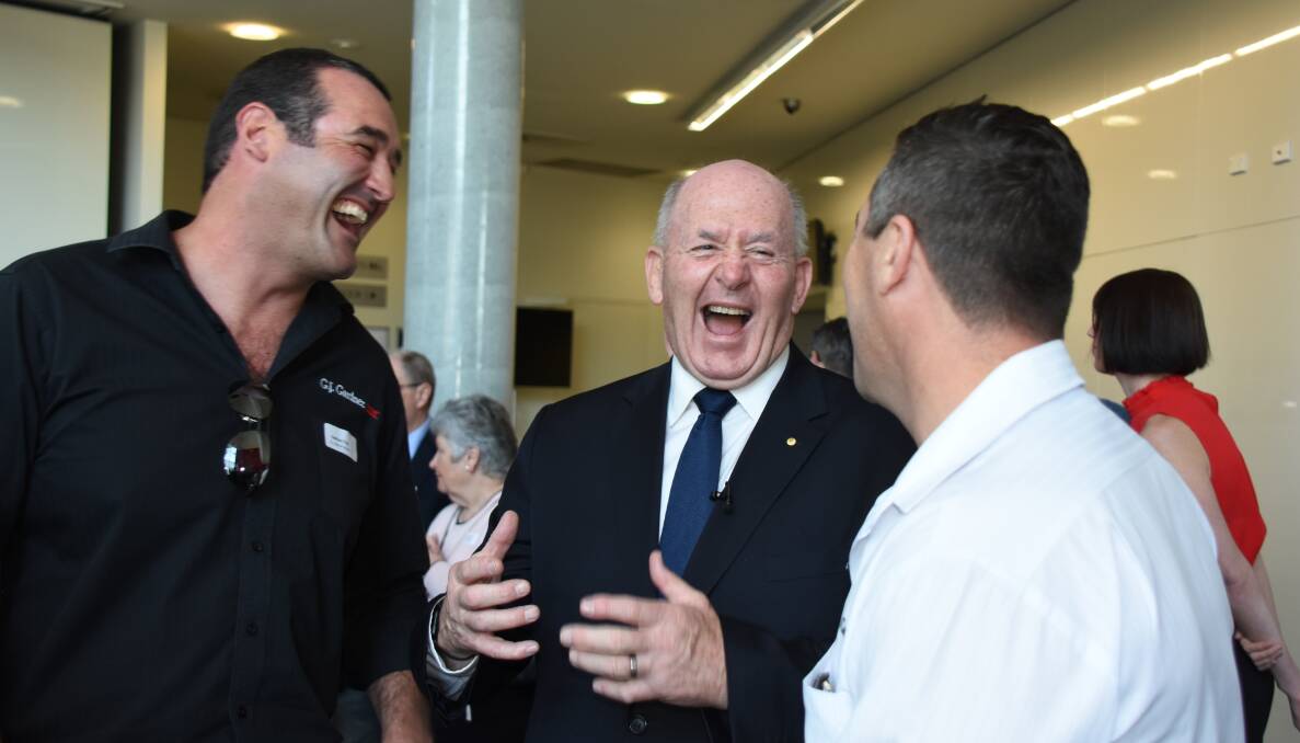 Nathan Fay and Sean Vickery, of G.J.Gardner Homes enjoy a laugh with Governor General Sir Peter Cosgrove.