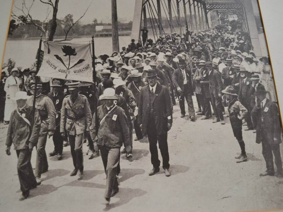 Captain Alfred Ernest “Ernie” Blow (centre under banner) leds the famous WW1 Waratah March from NOwra.