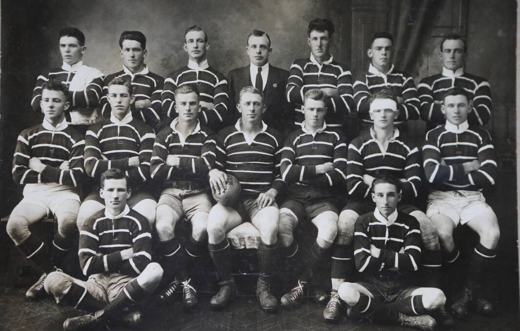 Jim Wilson (centre back row) as manager of the South Coast Rugby League Rep Team for Country Week in Sydney, 1924 (back row) D Byron, C Hamilton, L Lowe, T Caddell, N Morrissey, H Watts. Seated R Jones, S Fairhall, N ONeill, H Morrow (captain), S Harris, S Hill, J Miller. Front: L Jones, D Hamilton.
