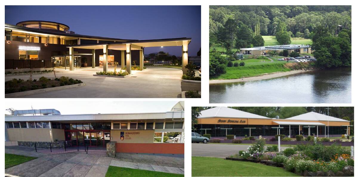 Bomaderry Bowling Club, Nowra Golf Club, Berry Bowling Club and Bomaderry RSL (clockwise from top left).