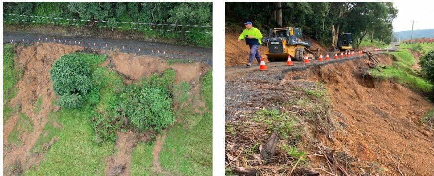 BIG JOB: Bunkers Hill landslip - before (left) and construction is underway as crews continue tree removal, slope remediation, bank stabilisation and drainage works. Images: Supplied
