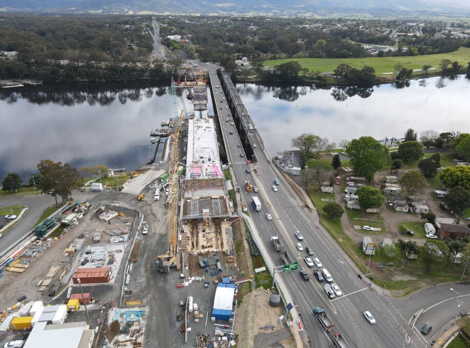 Work is progressing on the $342 million new Nowra bridge. Images: Robert Crawford and Transport for NSW