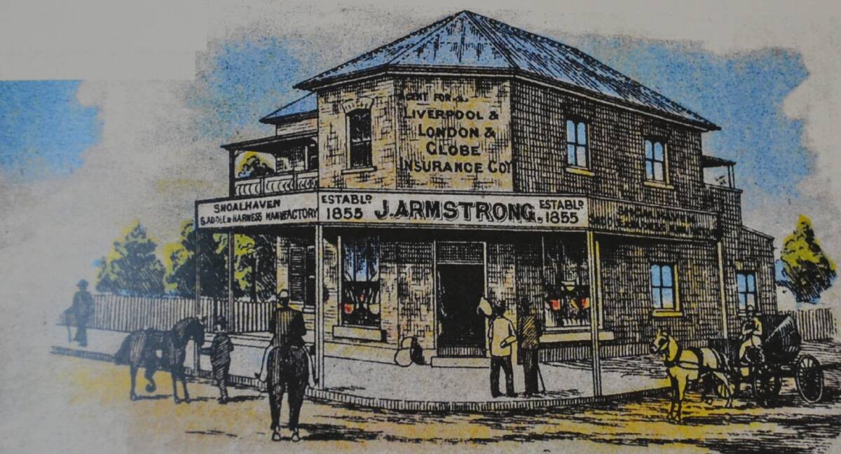 James Armstrong's Shoalhaven Saddle and Harness Factory at the corner of Kinghorne and North streets became Leung’s Restaurant in 1957 and later Leong's, which is still in business today. Sketch from Niven Poster 1892.
