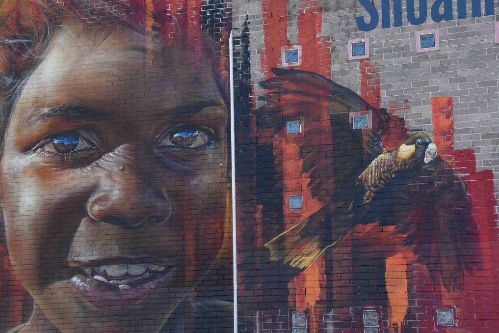 Melbourne-based Matt Adnate’s yellow-tailed black cockatoo - a totem to the people of Nowra and the Yuin Nation and the face of a young Aboriginal girl overlooks the Egans Lane car park on the rear of the Nowra Library building.