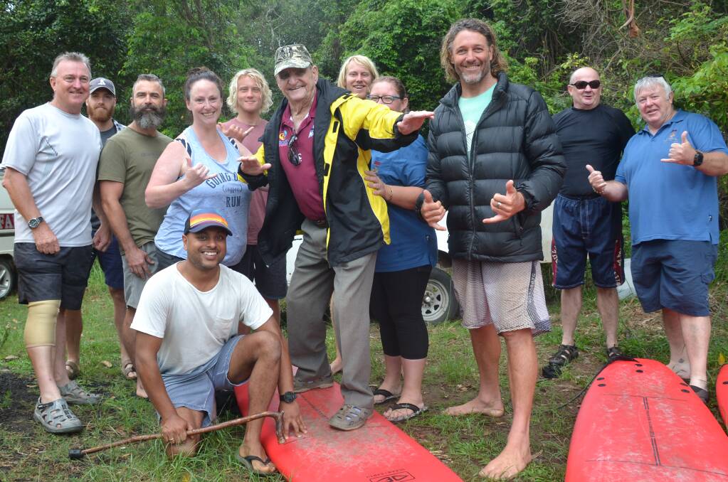 READY TO GO: Keith Payne VC (centre) was special guest at the official launch of the Veterans Surfing Program. Keith even took to a board with program co-ordinator Rusty Moran and some of the initial participants in the pilot program.