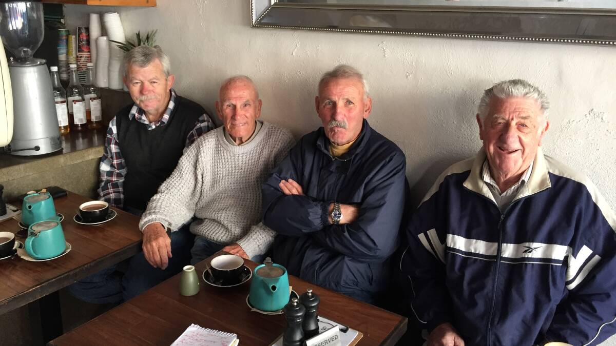 FOOTY TRAGICS: Four members of Nowra’s own ‘Table of Knowledge’ (from left) Mick Taylor, Jimmy Barr, Kenny McLean and Geoff Whatmore.