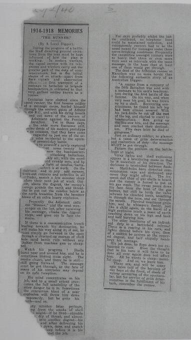 Ulric Walsh's 1914-1918 Memories letter The Runner which appeared in the News Leader.