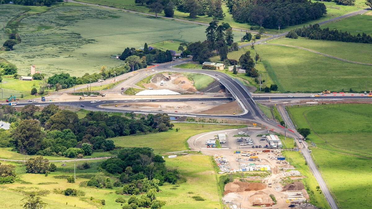 CONSTRUCTION: The new Meroo Road overpass over the Princes Highway photographed from Cambewarra Mountain Lookout. Photo: Howard Mitchell