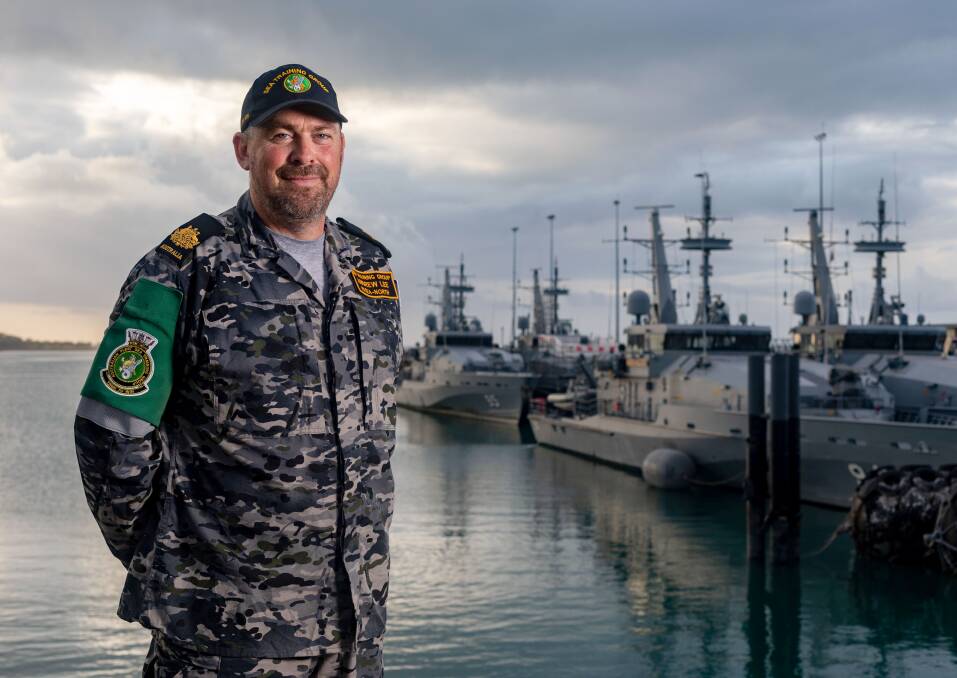 ON WATCH: Warrant Officer Andrew Lee wears the Royal Australian Navy's new Maritime Multi-Cam Pattern Uniform at HMAS Coonawarra, Darwin. Photo: Shane Cameron
