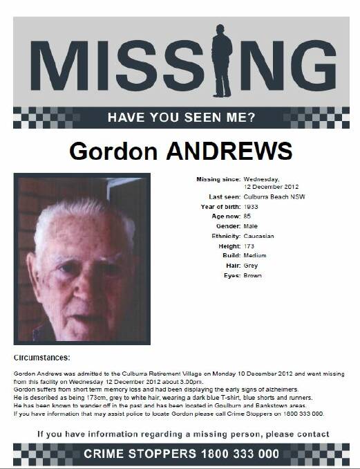 Gordon Andrews went missing from the Culburra Retirement Village on Wednesday, December 12, 2012.