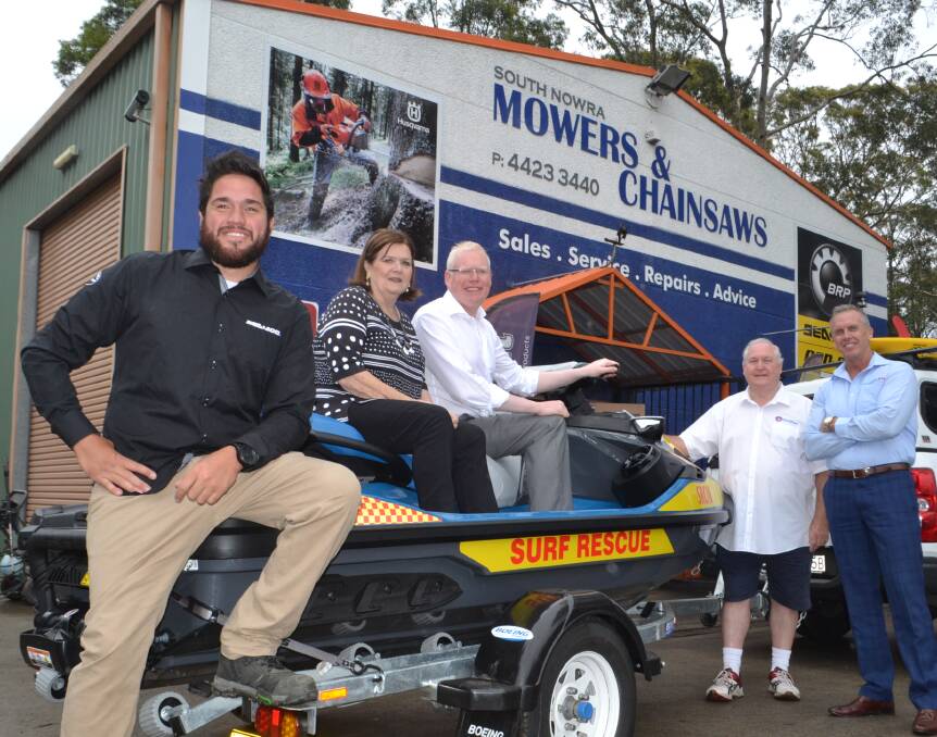 NEW CRAFT: South Coast MP Shelley Hancock and Kiama MP Gareth Ward pictured with the new jet-ski with Seadoo dealer Josh Hawley, of South Nowra Mowers and Chainsaws, South Coast Branch president Steve Jones and SLS NSW CEO Steve Pearce.