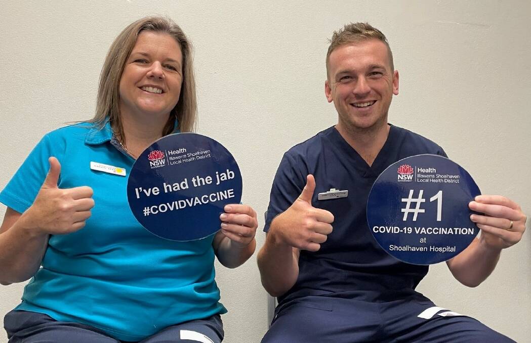 GOOD TO GO: Shoalhaven Hospital Intensive Care Unit physiotherapist Kristine Arandale and Emergency Department nurse Matthew White were among the first people to receive the vaccine.Image supplied