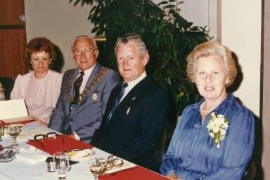 HONOURED: Kath and George pictured with then Shoalhaven Mayor Alderman Harry Sawkins and his wife Christine, at the retirement dinner which the council extended to George in 1985.
