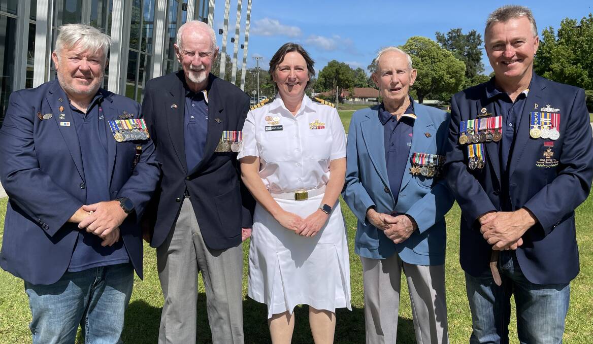 SPECIAL: Bob Brown and Rusty Marquis with Vice Chairman of the Keith Payne VC Veterans Benefit Group Fred Campbell (left) and Chairman Rick Meehan (right) with Commanding Officer of HMAS Albatross Captain Robyn Phillips.
