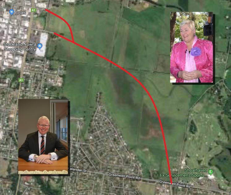 Work on the East Nowra Sub Arterial road (ENSA) could start early in the new year. This shows the general route the road will take. Insets: Kiama MP Gareth Ward and Gilmore MP Ann Sudmalis.