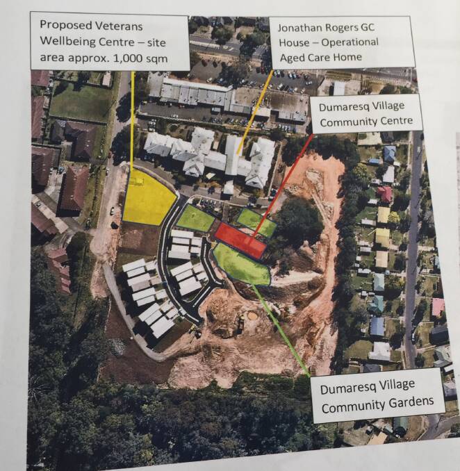 The $5 million Nowra Veterans' Wellbeing Centre will be located in the north-western corner of the RSL LifeCares Dumaresq Village complex, marked in yellow.