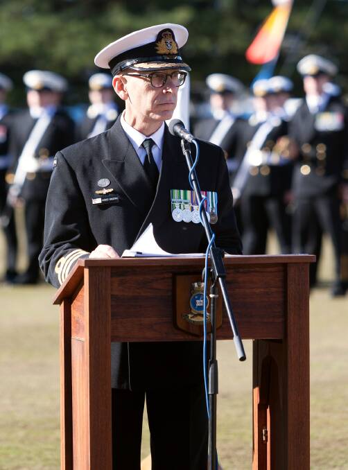 REWARD: Royal Australian Naval College Training Commander, Commander Moses Raudino addresses guests during the New Entry Officer Course graduation parade. Image: Defence