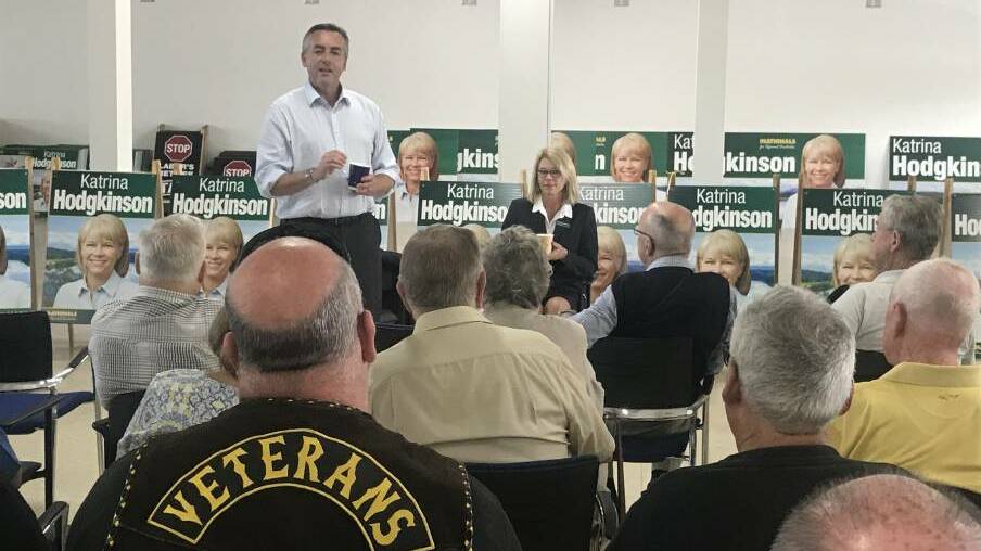 Minister for Veterans and Defence Personnel Darren Chester talks at a veterans' forum in Nowra prior to the federal election with Nationals Gilmore candidate Katrina Hodgkinson.