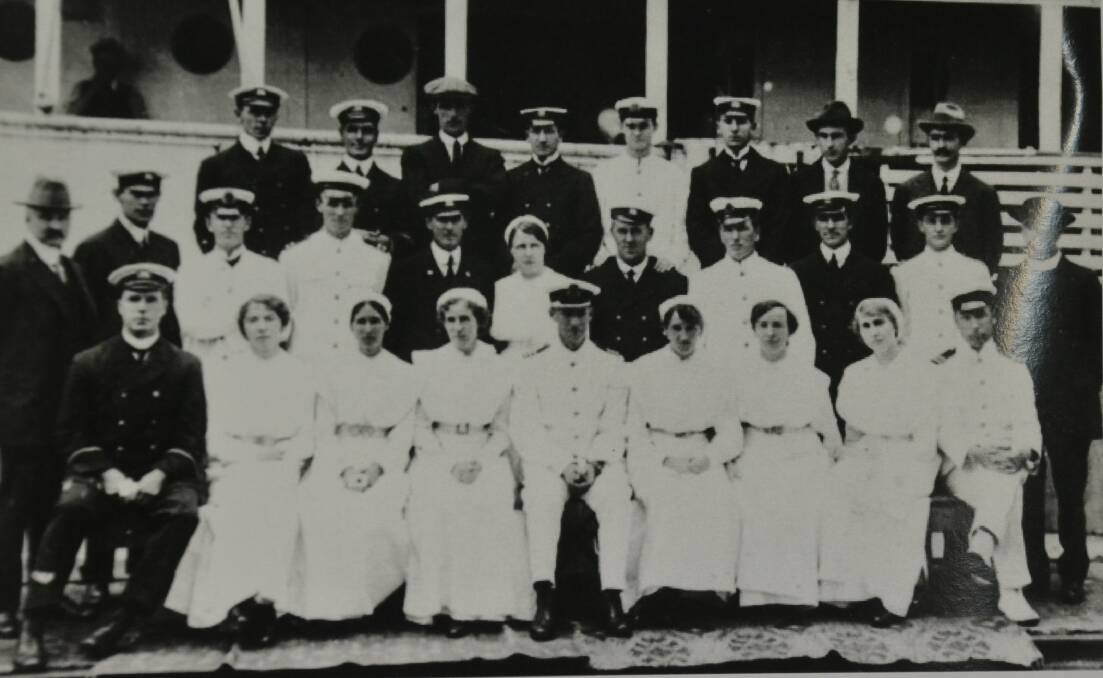 Medical staff on board the Grantala - Matron de Mestre is pictured centre middle row with Sisters Clouston, Kirkcaldie, McMillan, Burtinshaw, Neale and Colless seated in front row. Photo: Australian War Memorial
