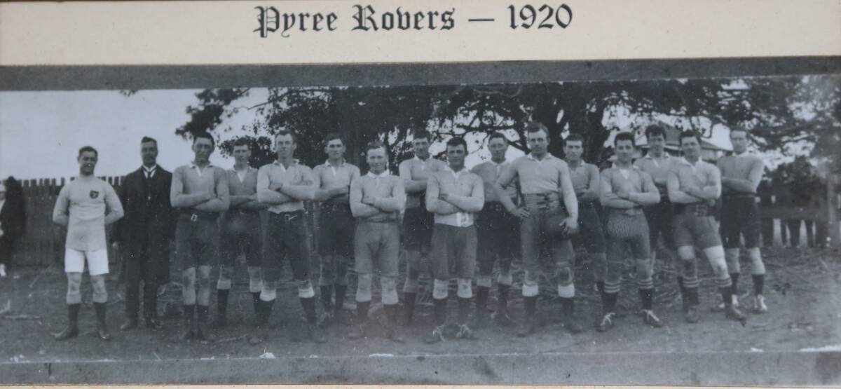 Pyree Rovers 1920 (back row from left) A Bush (manager), G Coulthart, H Regan, T Caddell, J Coulthart, H Watts, D Dudgeon, W Coulthart. Front row: G Headley (Referee), M Regan, O Wilson, F Armstong, A Smith, J Wilson, R Jones and J Caddell photographed on their home ground on a paddock behind the figtree on East Street. Photo: Fred and Alison Nevill 