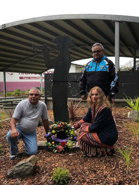 HONOUR: Uncle Phillip McLeods son Jeff McLeod (rear), sister Aunty Vera McLeod and brother Uncle Jimmy McLeod at the dedication of the Uncle Phillip McLeod Garden at Vincentia High School in memory of indigenous returned service personnel.