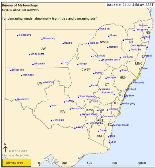 WARNING: The Bureau of Meteorology weather warning map for damaging winds, abnormally high tides and damaging surf has been made for large parts of the NSW Coast.