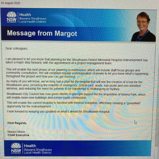 LEAKED DOCUMENT: The leaked internal Illawarra Shoalhaven Local Health District document from CEO Margot Mains reveals Shoalhaven City Council had given interim in-principle support for the acquisition of Nowra Park.