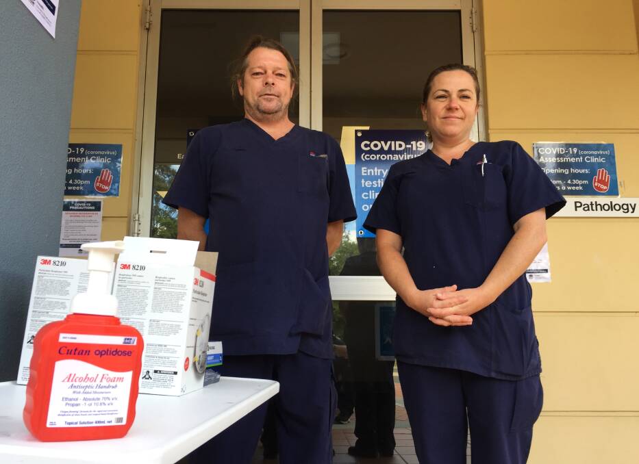 Shoalhaven District Hospital nursing staff outside the new COVID-19 testing centre in Nowra, which was formerly the blood bank and more recently the oncology services unit.
