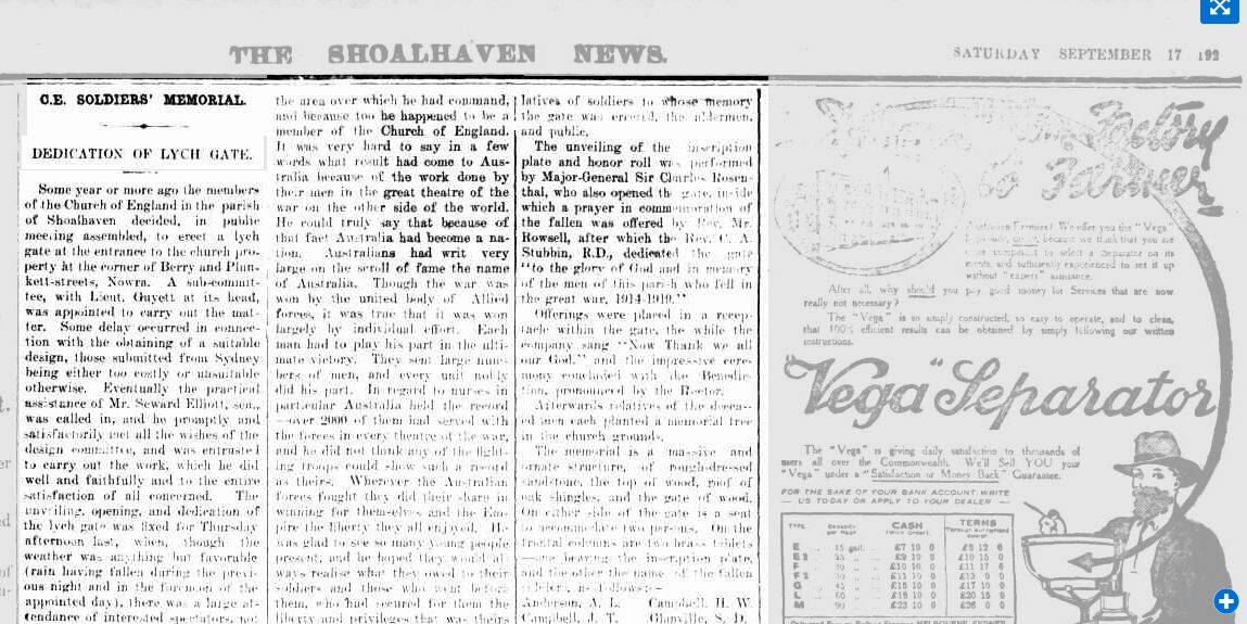 The article on the dedication from the Shoalhaven News Saturday, September 17, 1921.