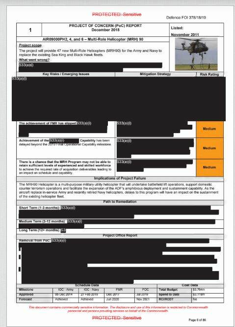 One of the heavily redacted quarterly performance reports from the Department's Capability and Sustainment Group for the MRH90 helicopters.