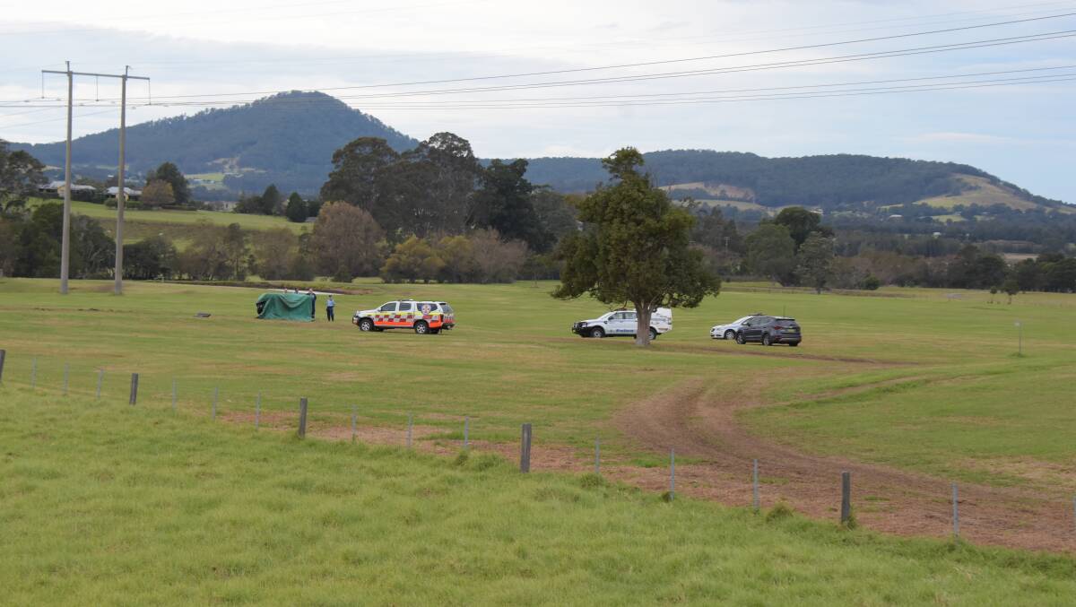 Emergency services at the scene of Monday morning's tragic quad bike accident at Meroo Meadow.