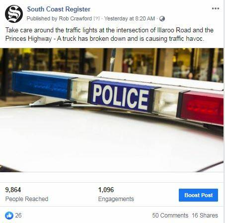 The South Coast Register's Facebook post warning people of the traffic chaos attracted plenty of attention.
