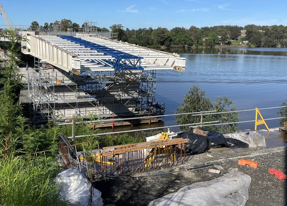 CLOSE: The launch nose, used to reduce weight as the bridge is pushed out, has now extended past the final northern pier and is within sight of the northern Shoalhaven River bank. Photo: Robert Crawford