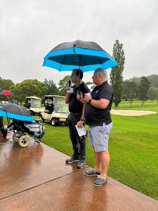 PLAY ON: Brendan Goddard, of Macey Insurance Brokers and Chance Hanlon welcome everyone to the annual Shoalhaven Business Chamber and Macey Insurance Brokers Charity Golf Day.
