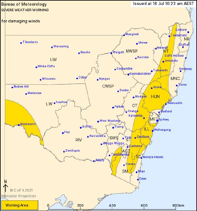 The Bureau of Meteorology has issued a severe warning for damaging winds for large parts of the South Coast.