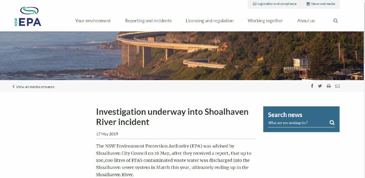 Notification of the investigation on the NSW EPA's website.
