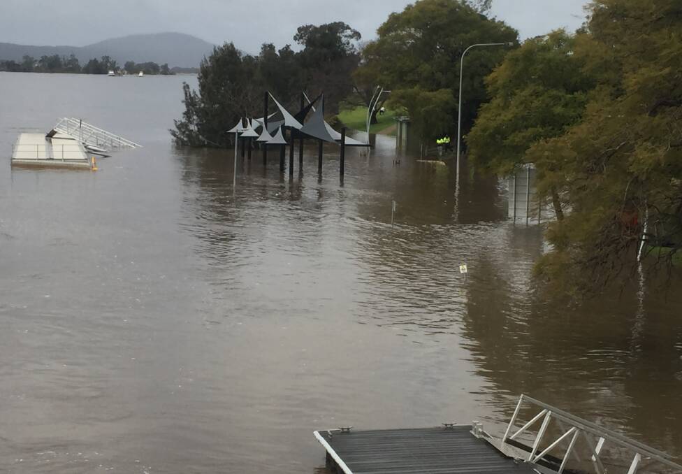 LEVEL: The Nowra Sails structure from the southbound Shoalhaven River bridge during this month's flood.