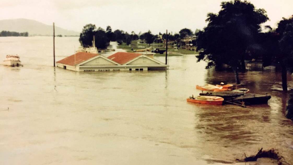 HEIGHT INDICATOR: The Nowra Sailing Club in March 1978, when the Shoalhaven River peaked at Nowra at 5.3 metres. For many years the former structure was how locals determined the severity of floods. Photo: Shoalhaven Historical Society