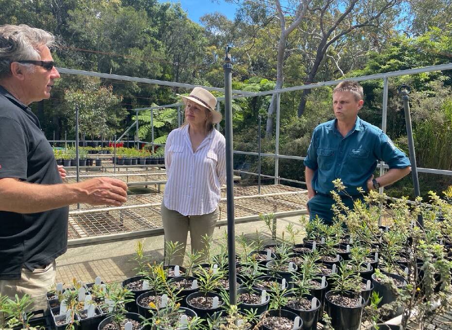  CONSERVATION: Dr Nick Dexter, Stig Pedersen both from Parks Australia and Sussan Ley observing cuttings of scrub turpentine.
