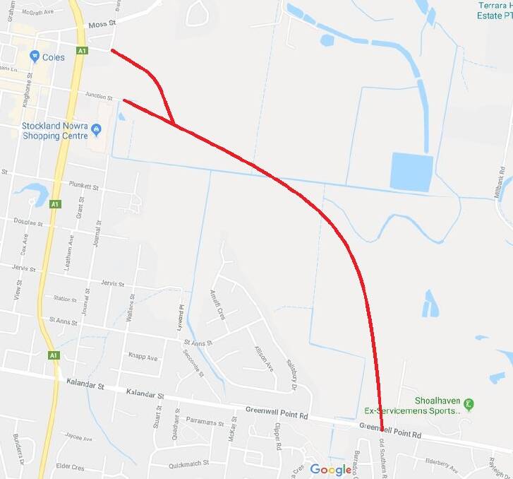 The general route the East Nowra Sub Arterial (ENSA) will take.