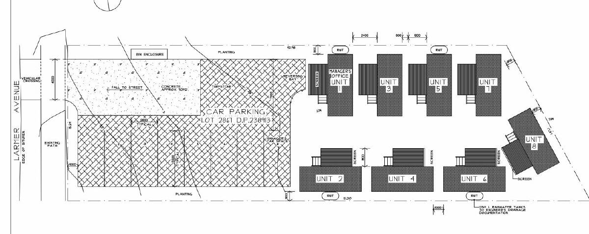The proposed layout of the eight container style tourist cabins proposed for 158 Larmer Avenue, with car parking at the front.

