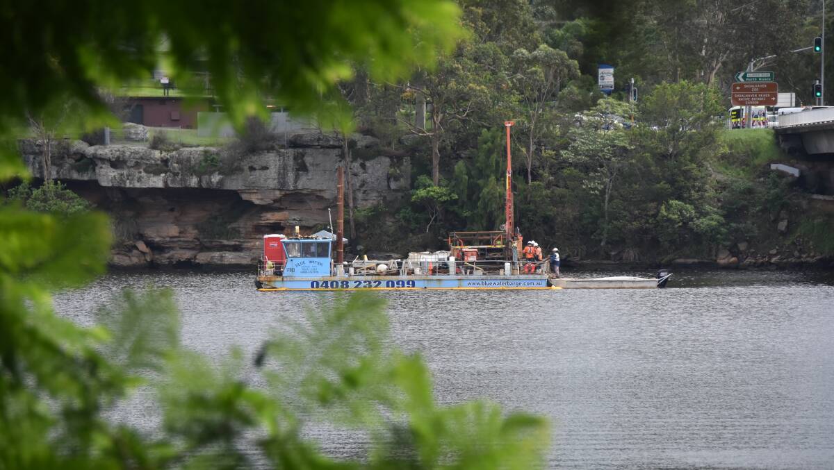 A barge with drilling equipment is carrying out investigations on the Shoalhaven River as part of the new Nowra bridge project.