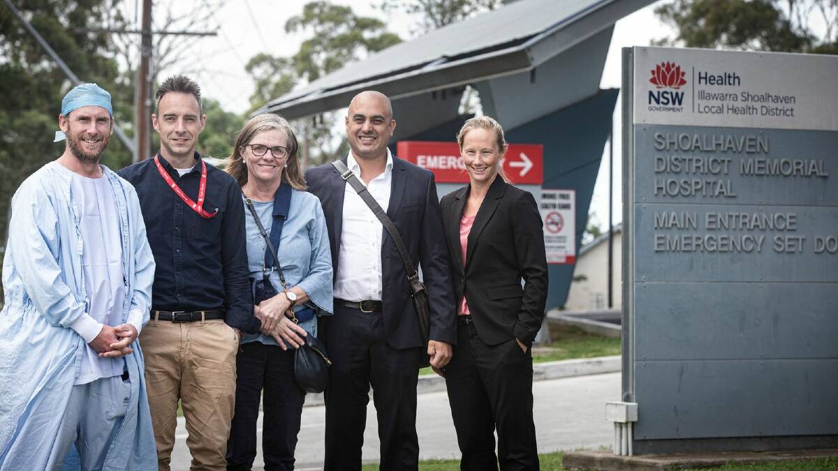 Among the first University of Wollongong's Graduate Medicine Shoalhaven cohorts 10 years ago, doctors and now specialists (from left) Murray Campbell, Stuart Haggie, Amanda Venables, Amit Kapur and Katie French are all working at Shoalhaven District Hospital. Photo: Paul Jones