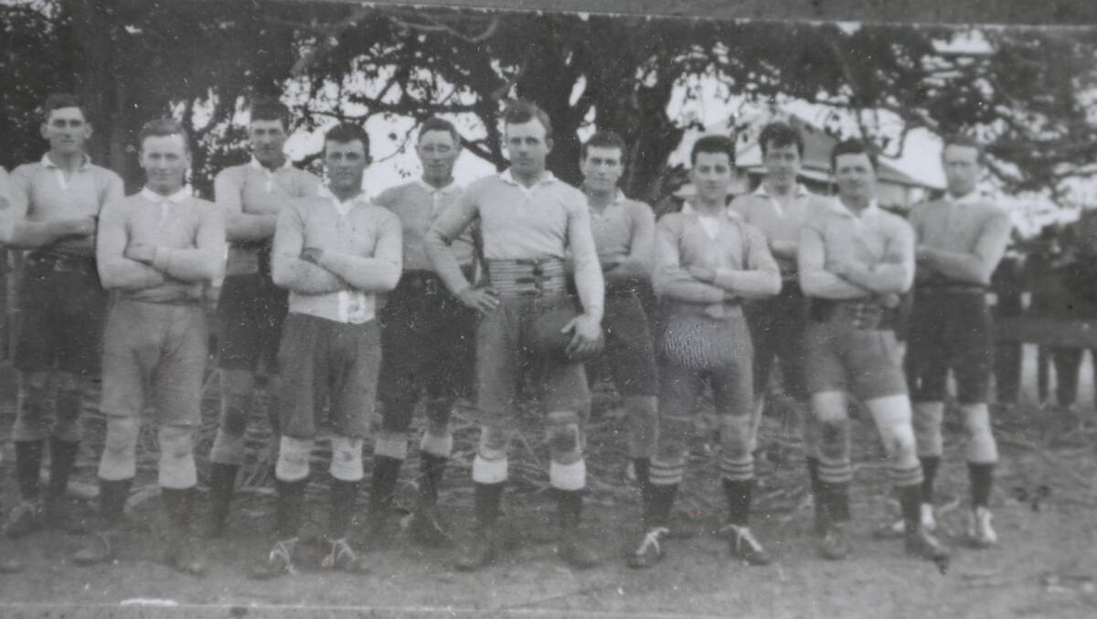 Jim Wilson (holding the football) with his 1920 Pyree Rovers teammates. Note the kidney belt he is wearing. Photo: Fred and Alison Nevill 