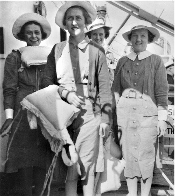 DARWIN BOMBING CONNECTION: Sister Lorraine Blow (left) and Sr Margaret de Mestre (centre) with Alyson Mills and Joan Somerville onboard the Australian Hospital Ship Manunda in 1941. Photo: Australian War Memorial