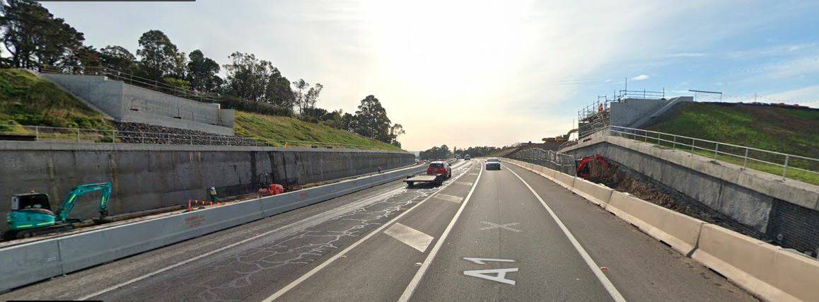 WORK: Bridge girders will be placed across the Princes Highway to complete the new overpass at Strongs Road as part of the Berry to Bomaderry highway upgrade. Image: Google Maps